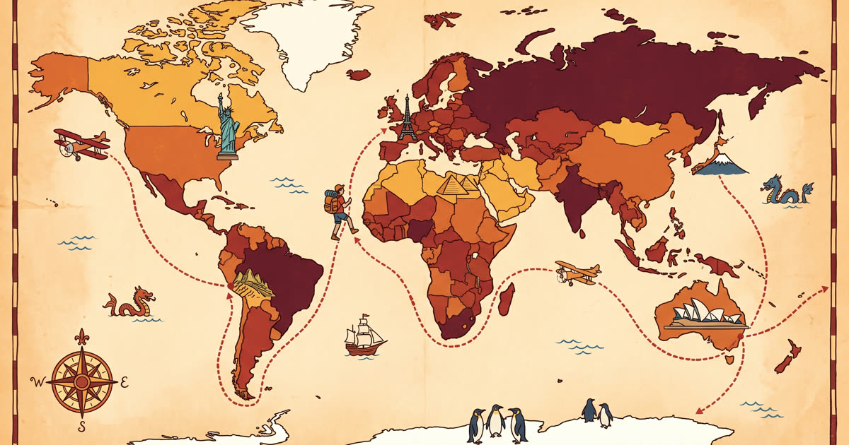 Travel route crossing all seven continents with famous landmarks
