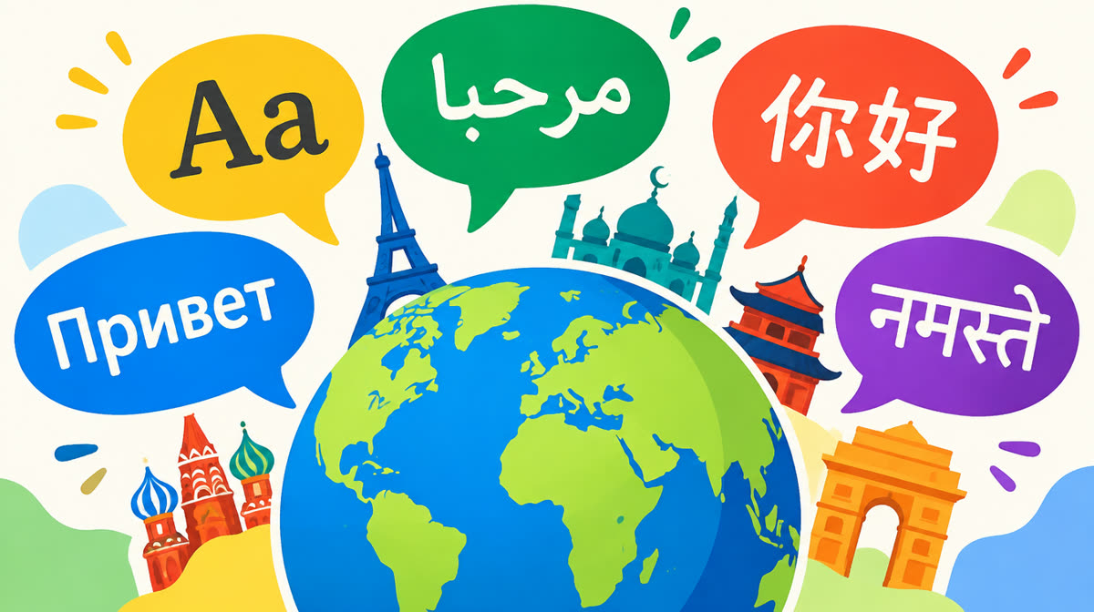 Colorful flat illustration of speech bubbles containing different alphabets and scripts