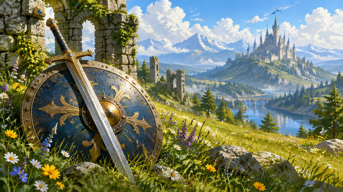 Green-clad hero holding a sword and shield before a castle in a fantasy kingdom