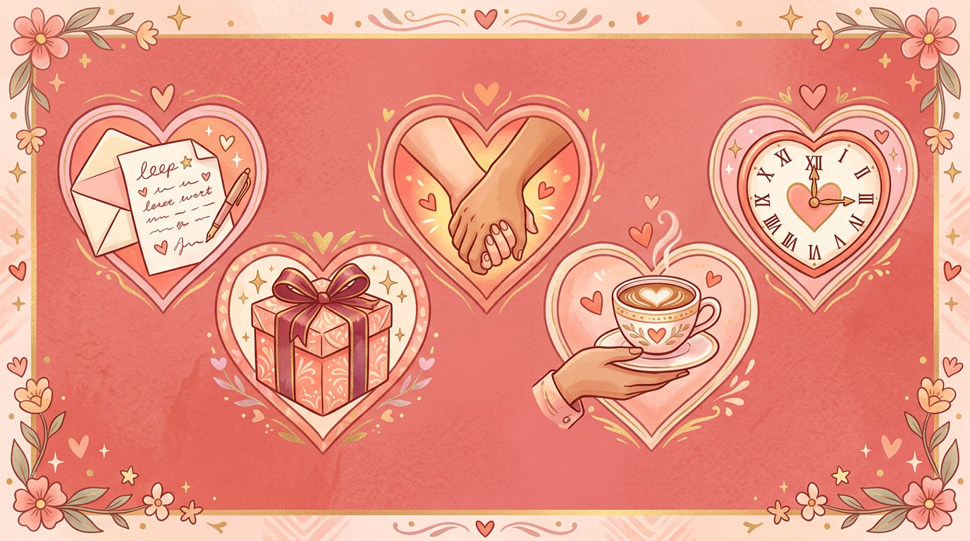 Five heart illustrations with a love note, gift, held hands, coffee cup and clock