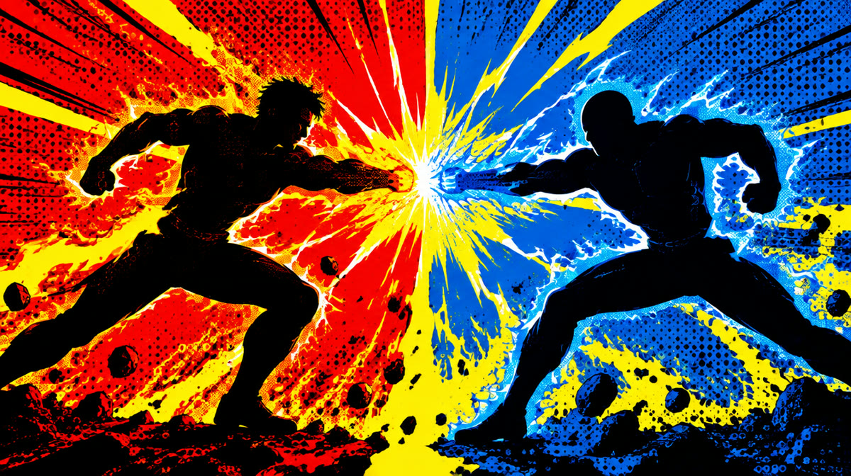 Comic book superheroes and video game fighters clashing in an explosive crossover battle