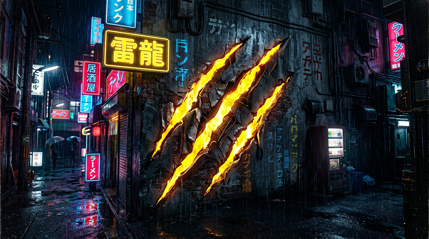 Clawed masked hero in a rain-soaked action scene