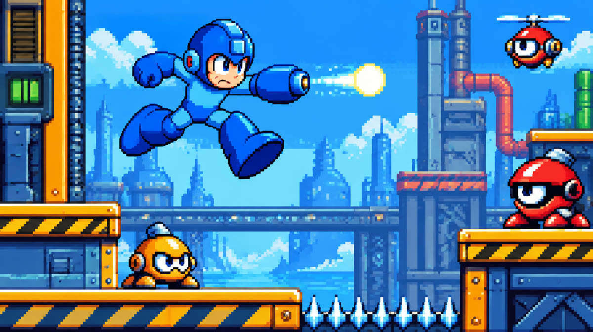 Blue armoured robot with an arm cannon leaping through a futuristic industrial level