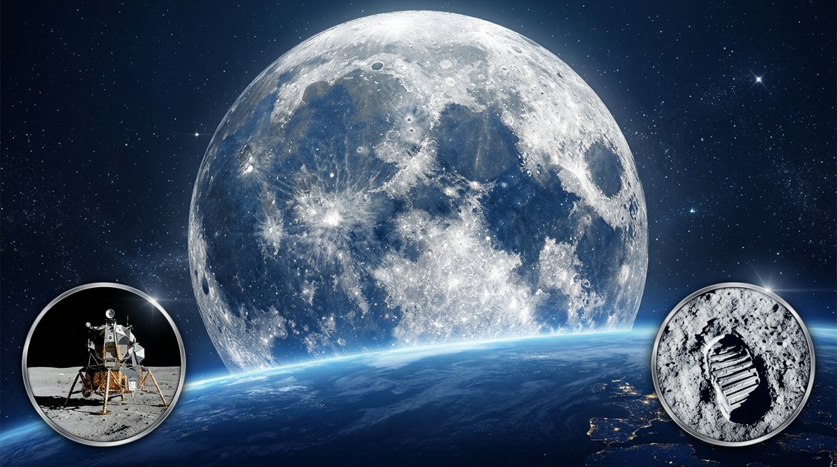 Detailed full Moon with craters rising over Earth's horizon