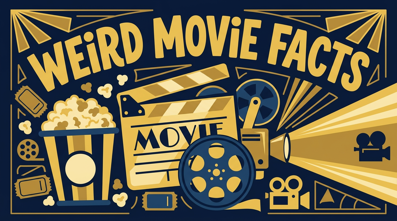 Gold and navy art deco poster with a clapperboard, popcorn and spotlight beams