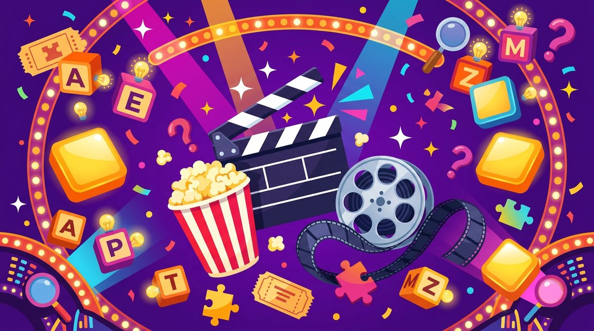 Colorful collage of cinema items, popcorn and a film clapperboard