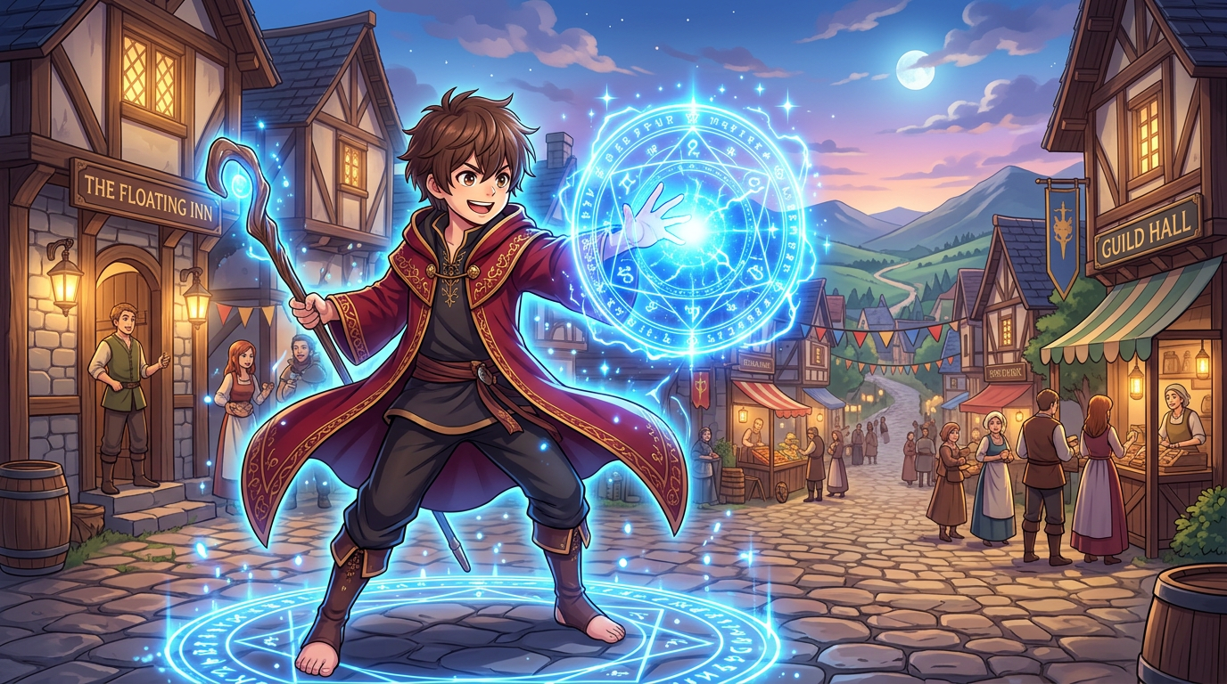 Fantasy adventurer casting magic across a sweeping landscape