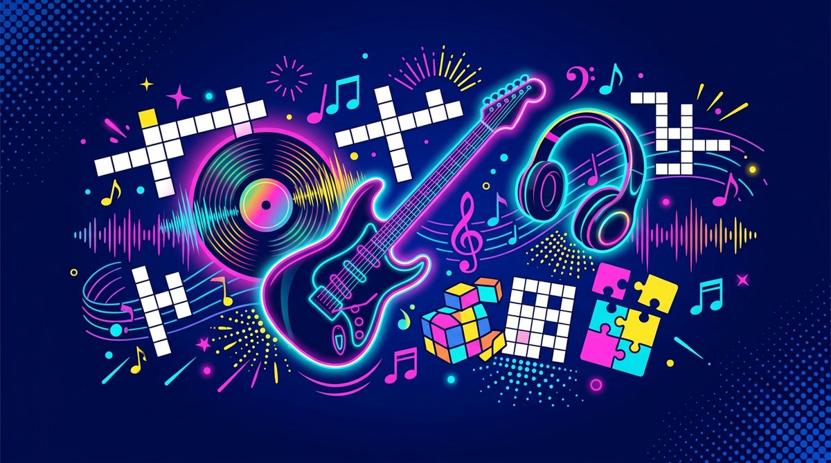 Vibrant illustration of a guitar, headphones and floating music notes
