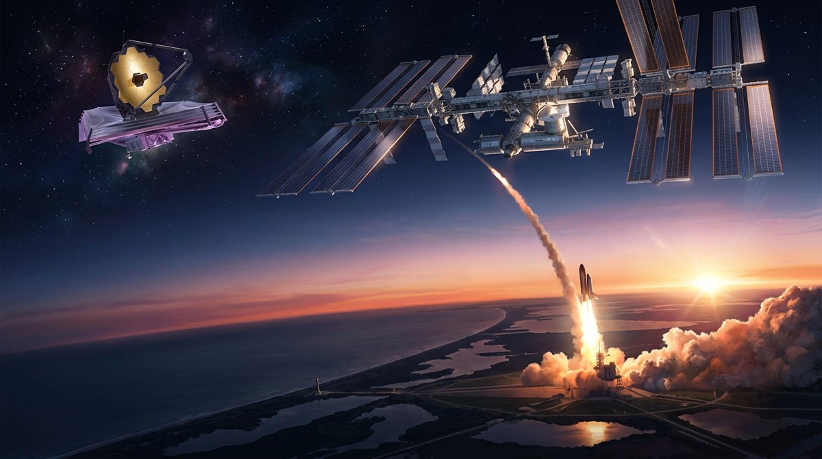 Space Shuttle launching at dawn with the ISS and a space telescope above