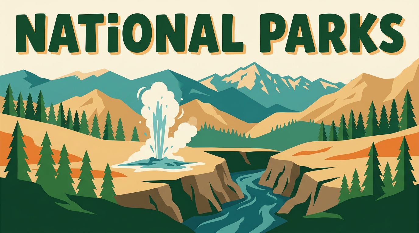 Vintage-style illustration of mountains, pines, a geyser and a river canyon