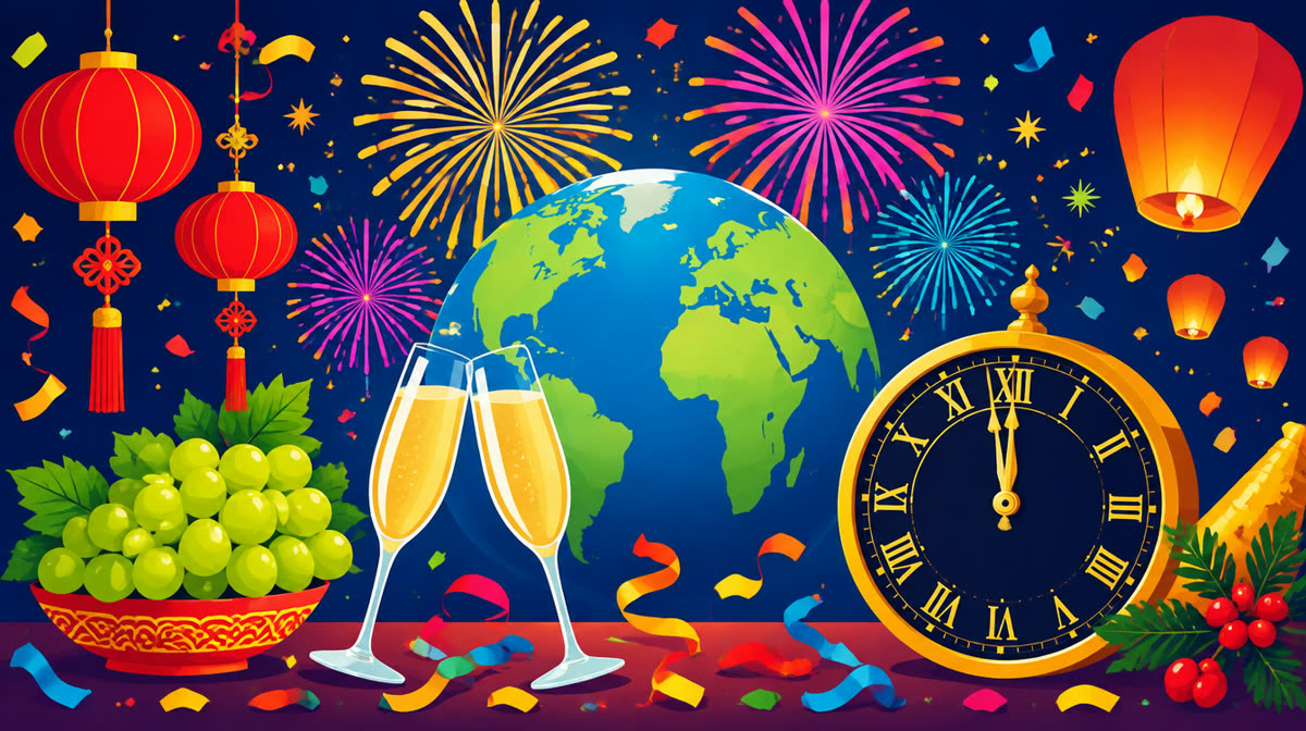 Flat illustration of fireworks, lanterns, and people celebrating New Year in different cultures