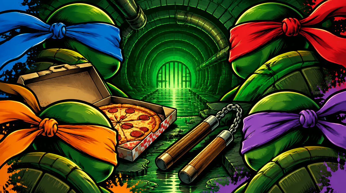 Four ninja turtles in coloured masks posing in a sewer setting