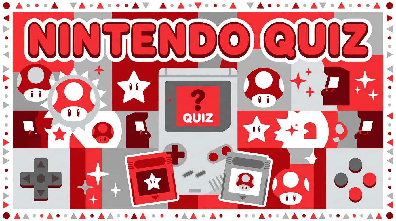 Red, white and grey poster with a handheld console, cartridges and power-up icons