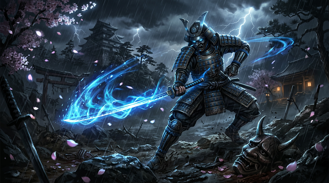 Samurai and ninja warrior battling yokai in feudal Japan