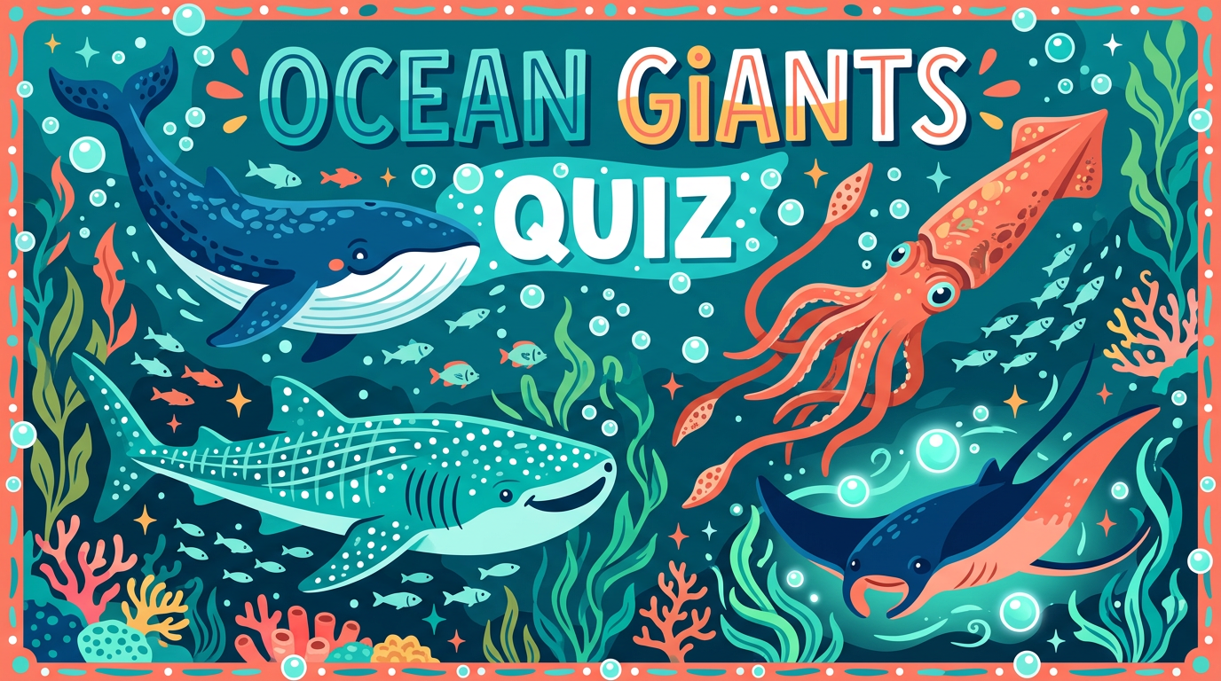 Illustration of a blue whale, whale shark, giant squid and manta ray underwater