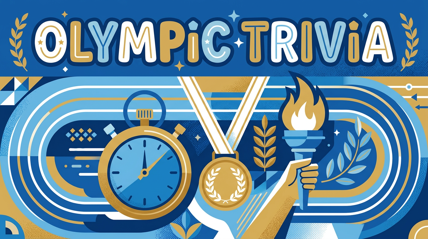 Blue and gold illustration of a running track, stopwatch, medal and torch