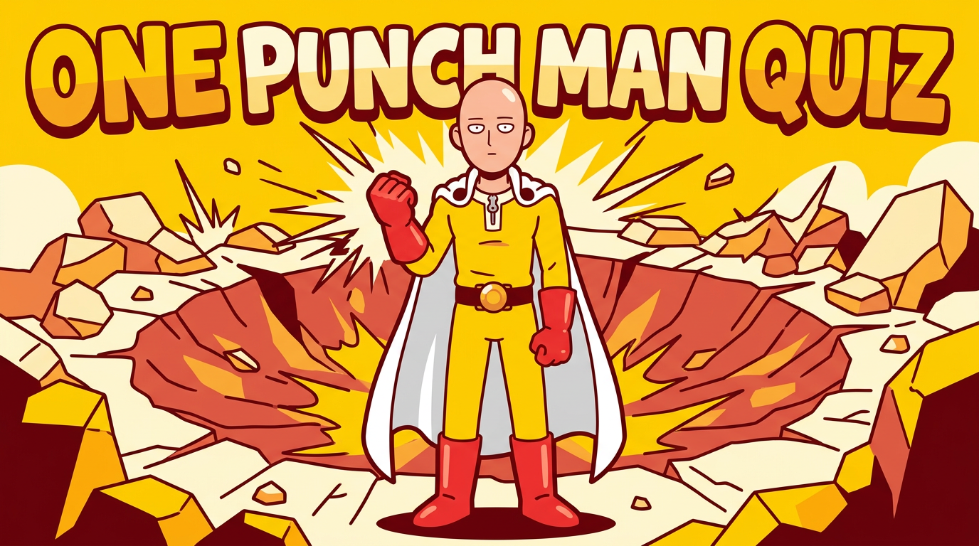 Yellow poster of a bald caped hero standing in a crater with one fist raised