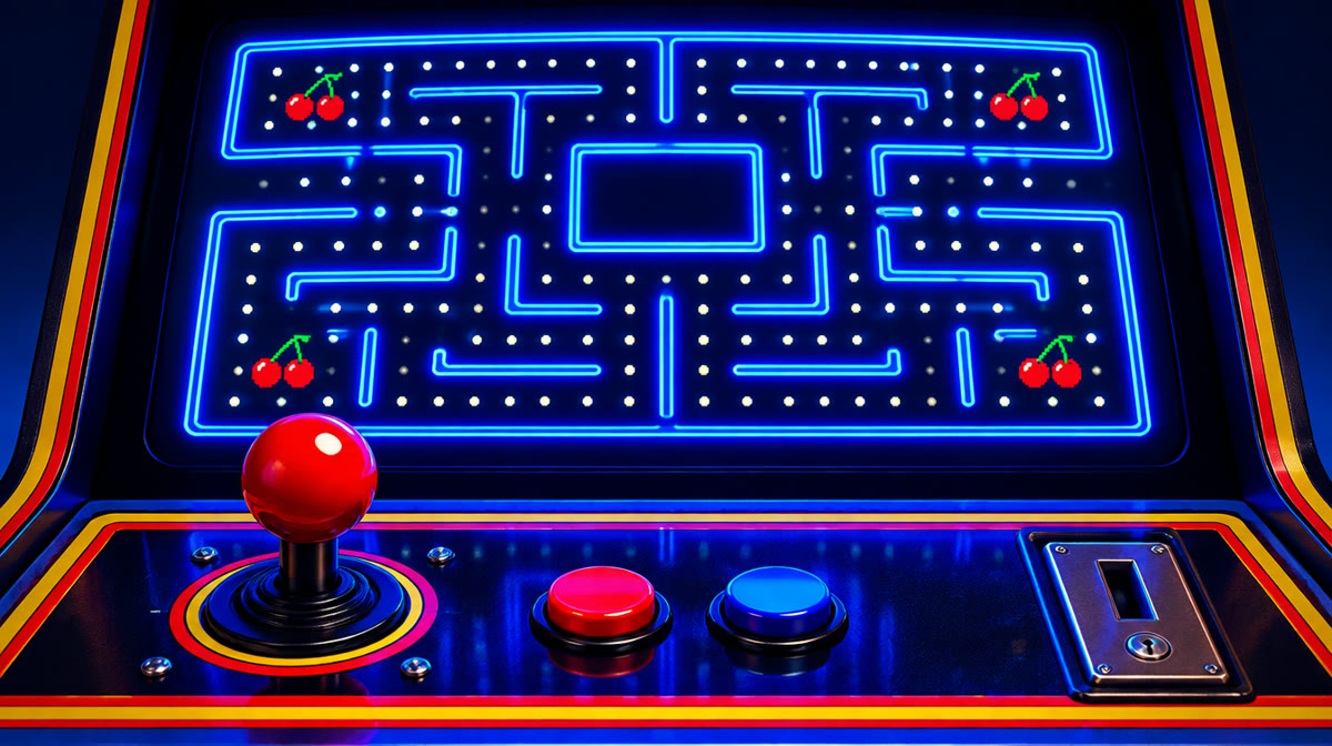 Yellow circular character chasing dots through a maze while chased by ghosts