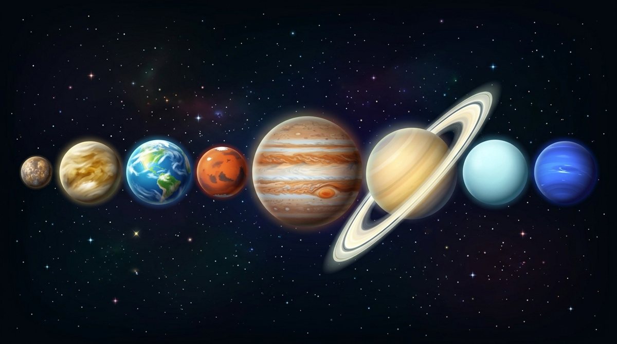 The eight planets lined up by size from Mercury to Neptune