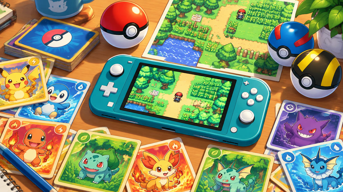 Trainer standing in a grassy field holding a red and white capture ball toward creatures