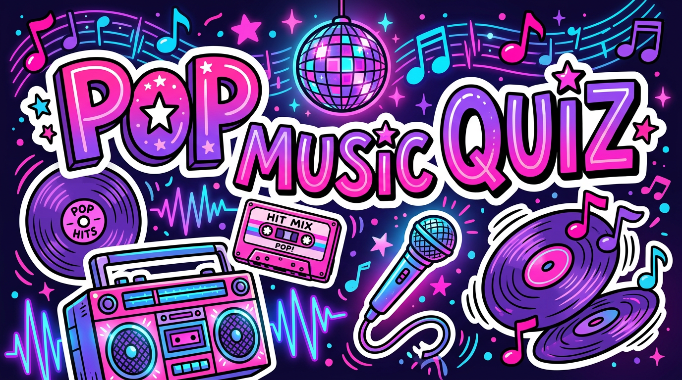 Neon illustration of a boombox, cassette tape, vinyl record and music notes