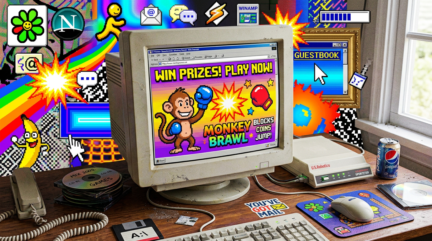Retro computer banner with a cartoon monkey and pixel graphics