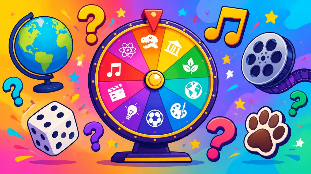 Spinning wheel of mixed trivia topics with dice, a globe and a film reel