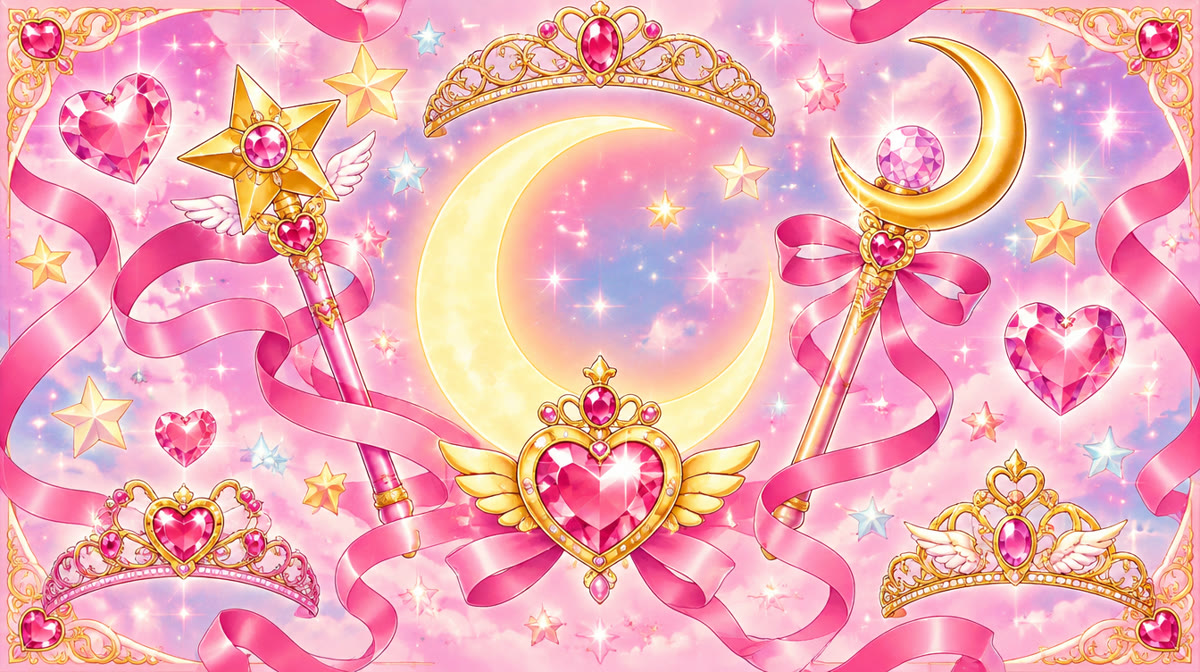 A magical girl with twin buns and a tiara raising a wand skyward
