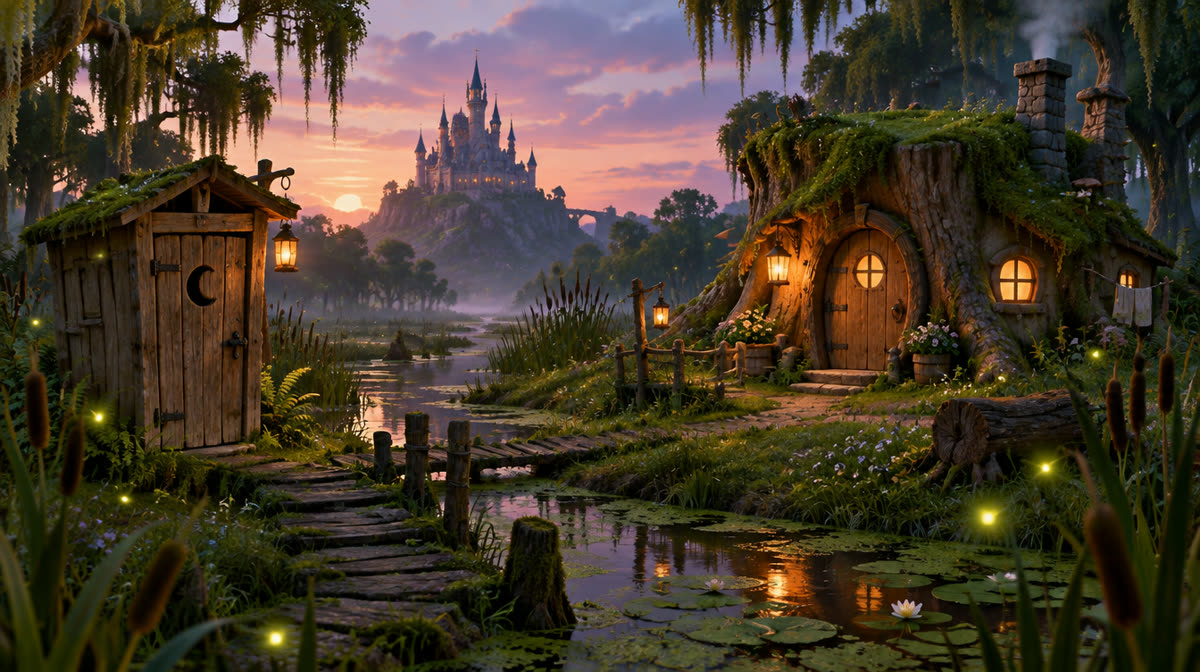 Colorful flat illustration of a green ogre and a donkey standing near a swamp