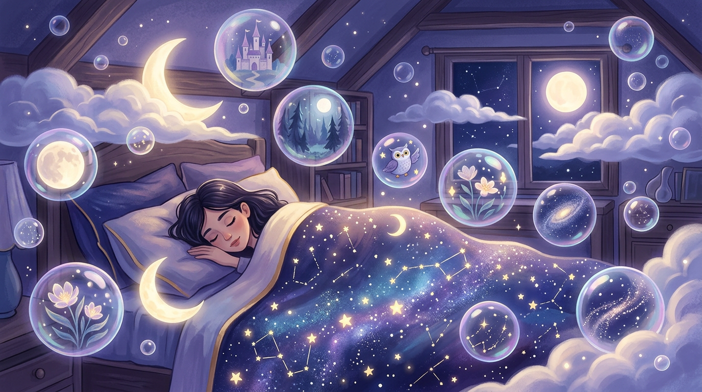 A peaceful bedroom beneath a night sky with illustrated sleep cycles and stars