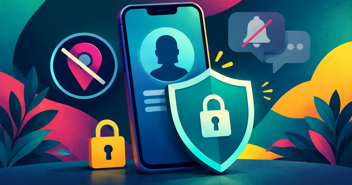 Smartphone surrounded by privacy controls, a lock and muted location symbols