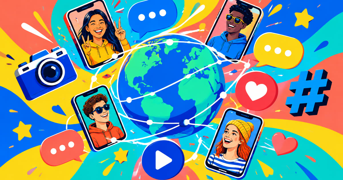Colorful collage of generic social posts, reactions, video and hashtag symbols