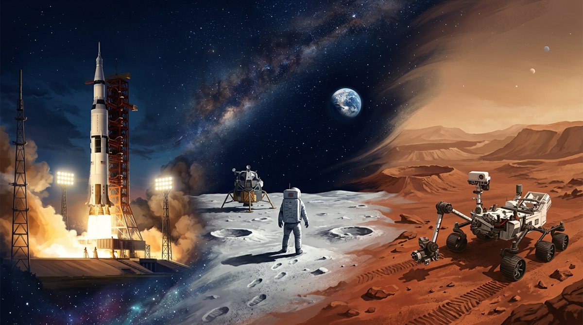 Saturn V rocket, astronaut on the Moon and a rover on Mars in one panorama