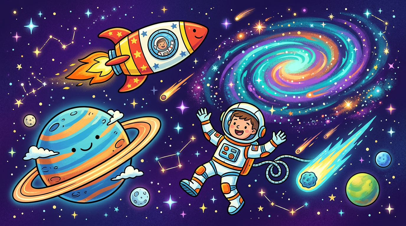 Illustration of a ringed planet, rocket and astronaut against a starfield