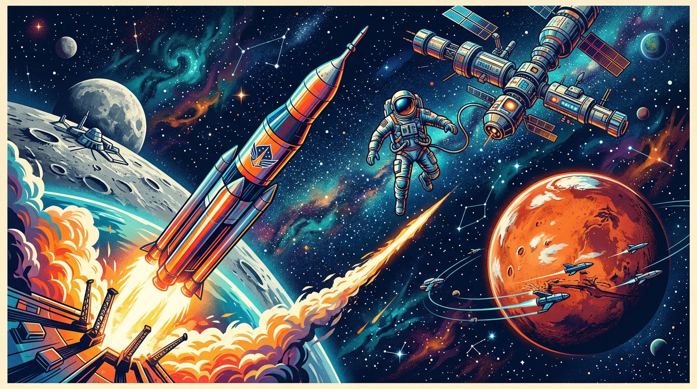 Rocket lifting off beneath a star-filled sky with planets and a lunar landscape