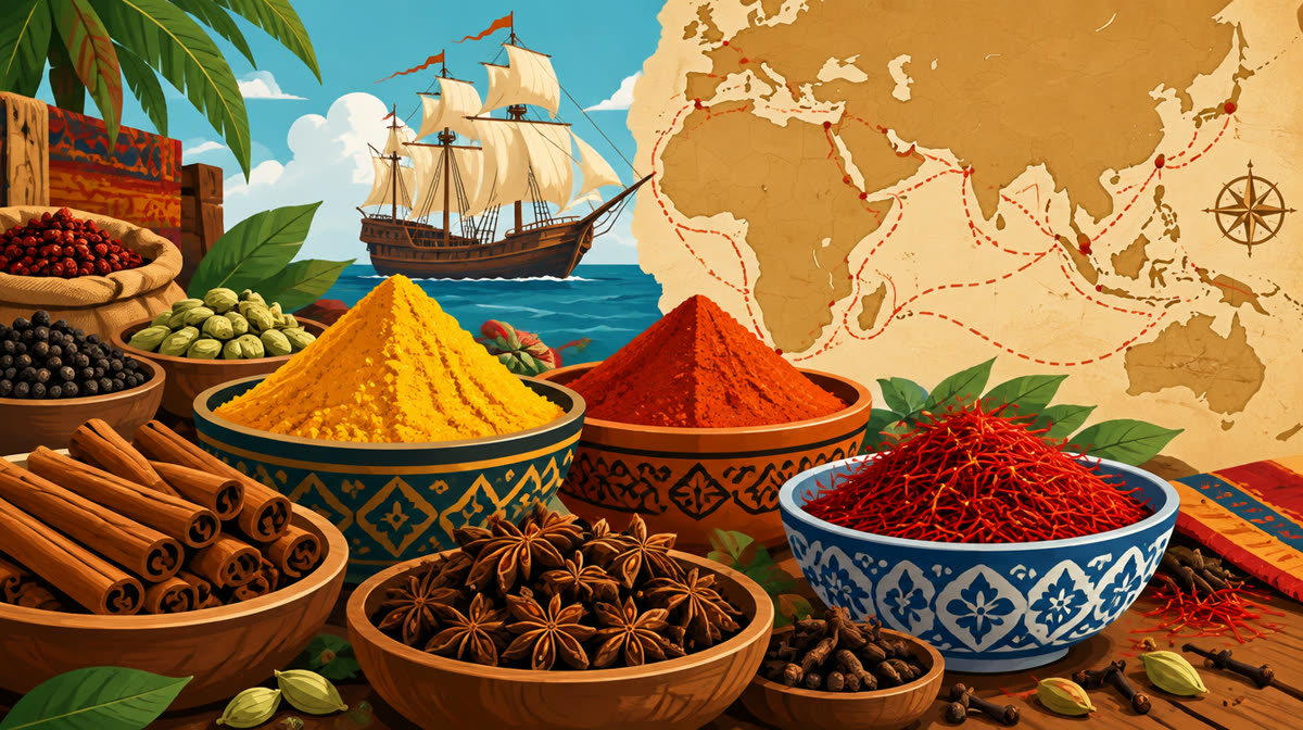 Colorful flat illustration of spices, spoons, and trade ships representing global spice routes