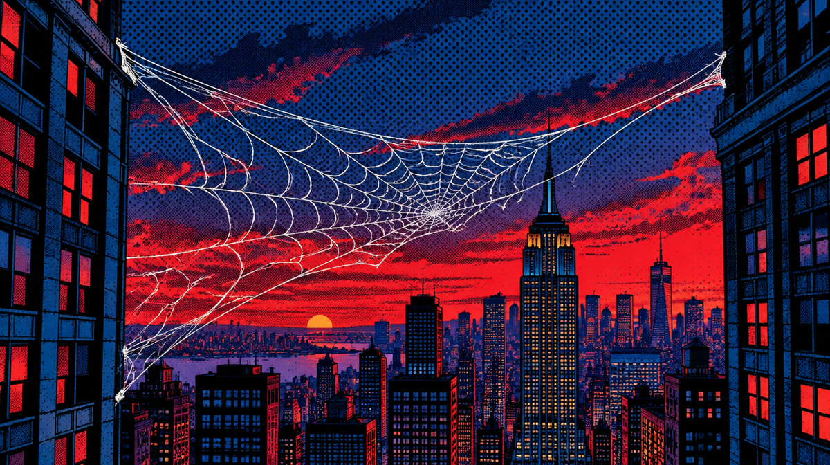 Flat illustration of a web-slinging superhero swinging between city skyscrapers