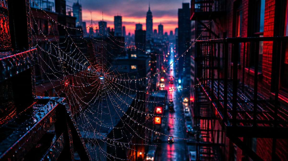 Spider-Man swinging between skyscrapers on a web line
