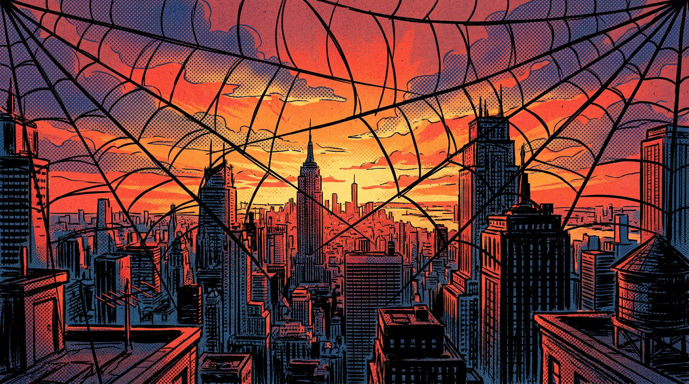 Masked web-slinging superhero above a bright city skyline