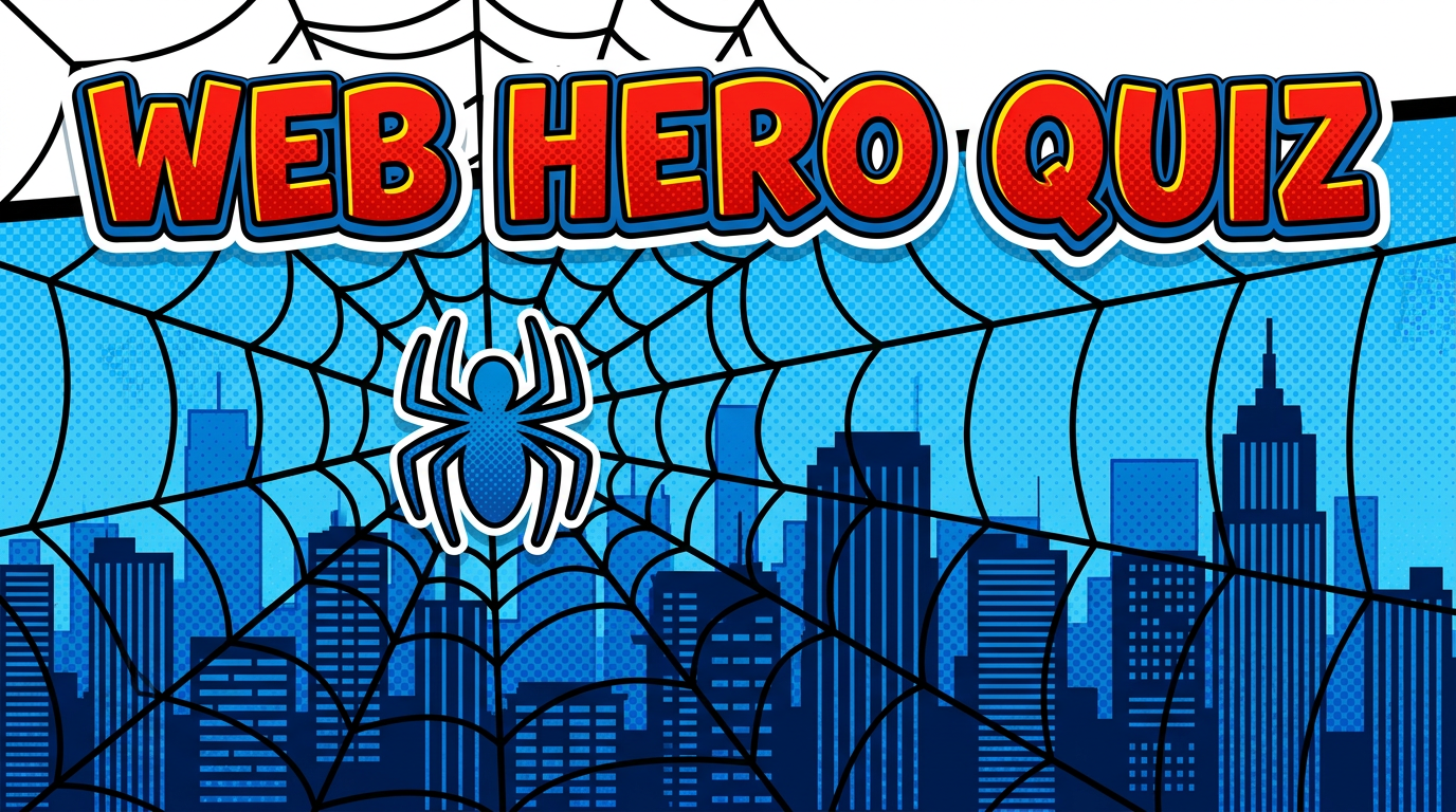 Red and blue comic poster with a spider web pattern over a city skyline