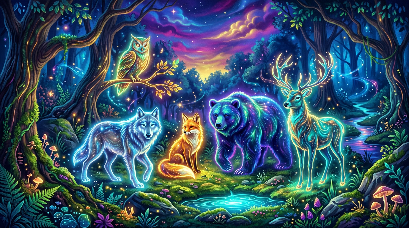 Glowing wolf, owl, fox, bear and deer in a magical forest