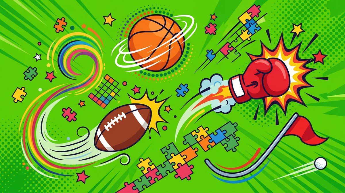 Dynamic illustration of sports balls, a boxing glove and a golf flag