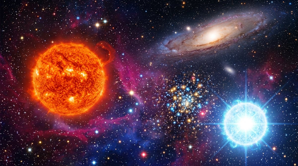 Stars of different colours and sizes with a star cluster and the Andromeda galaxy