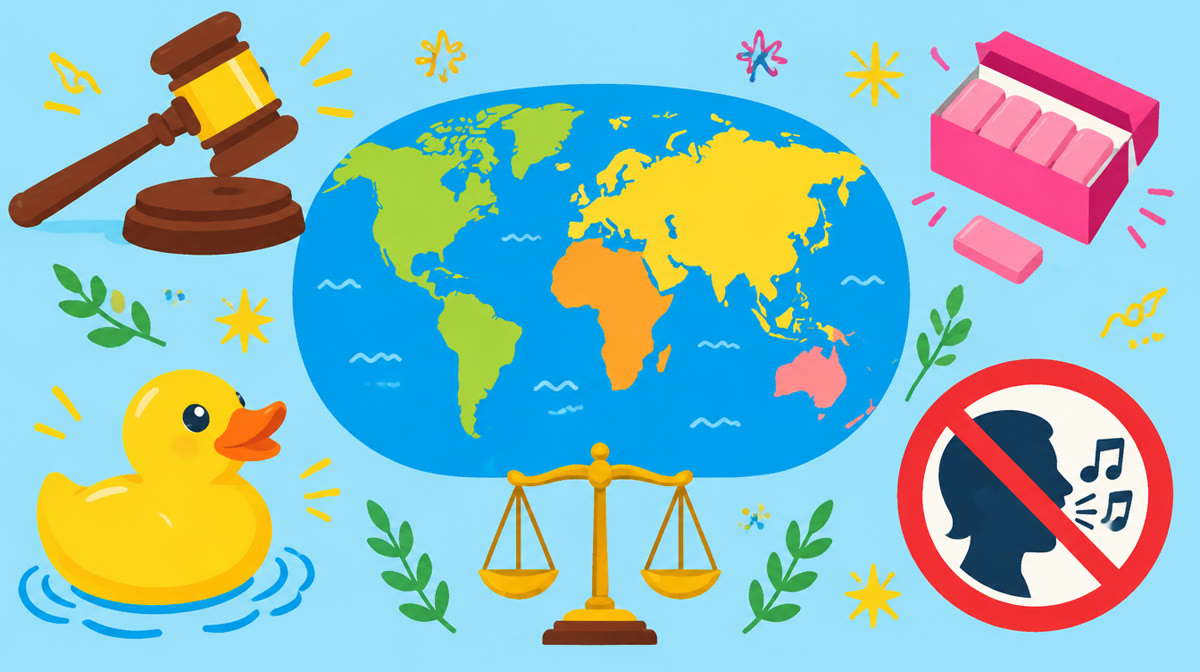 A collage of world landmarks and a gavel symbolising international law
