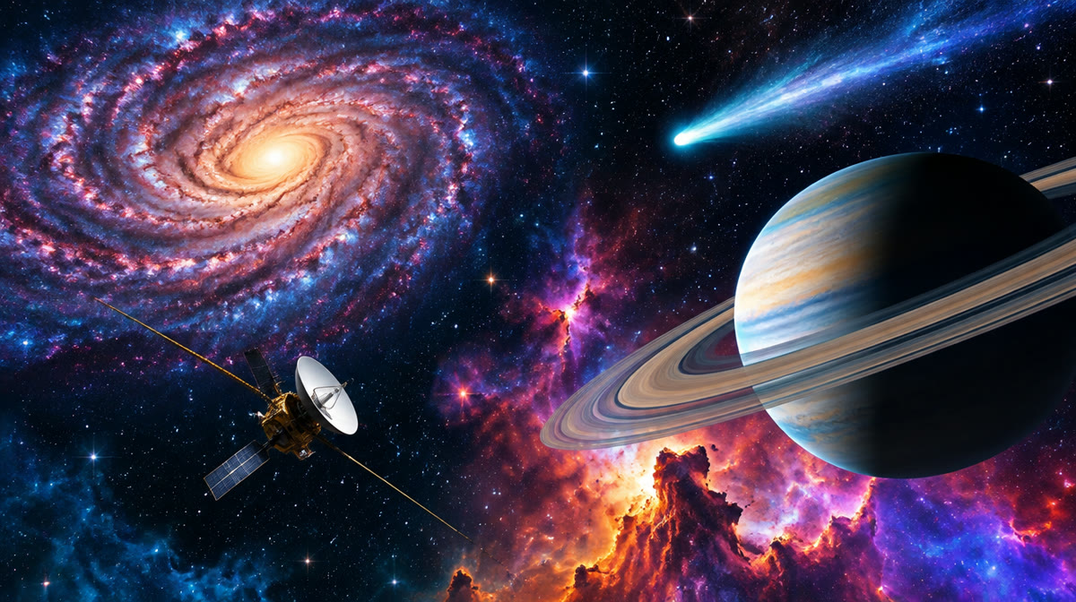 A star field with a distant galaxy, a planet and a comet against deep space
