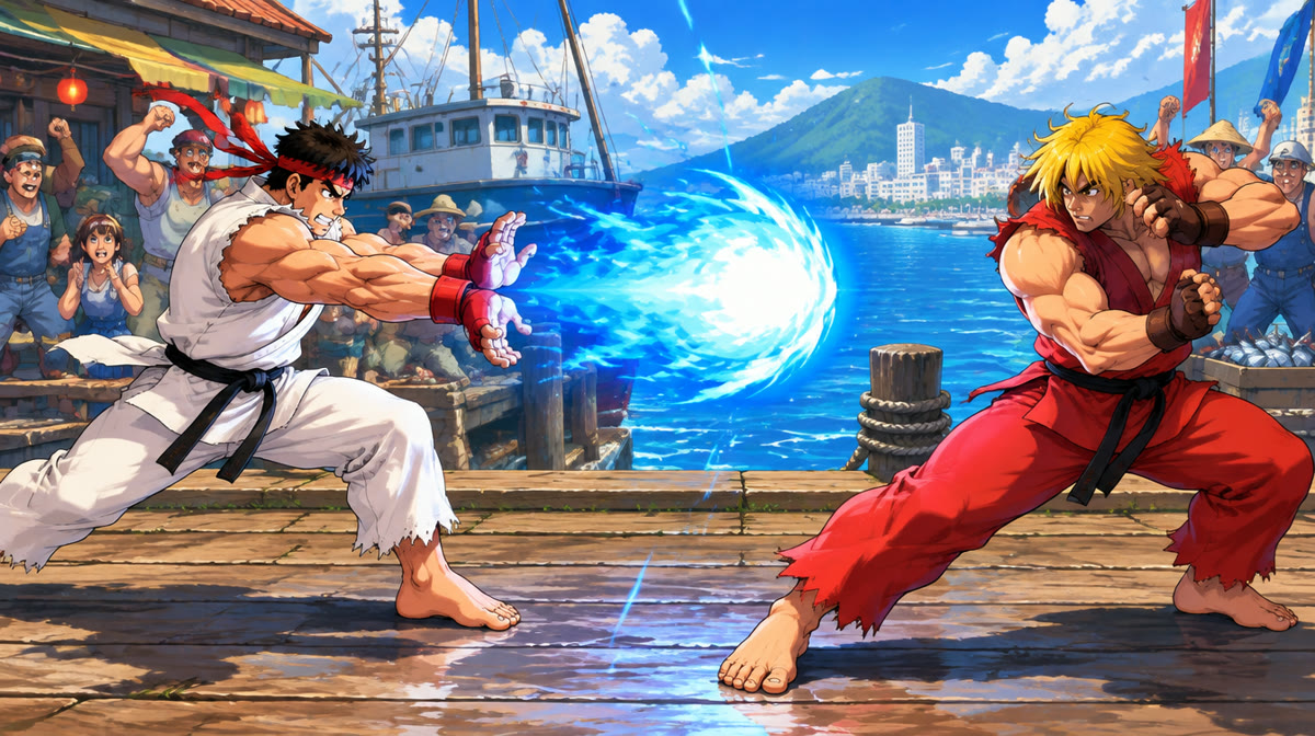 Two martial artists facing off in a fighting stance on a stylised arena stage