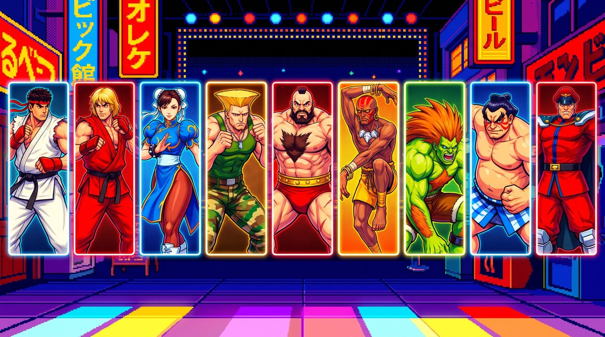 Street Fighter roster lined up on an arcade stage, from Ryu to M. Bison