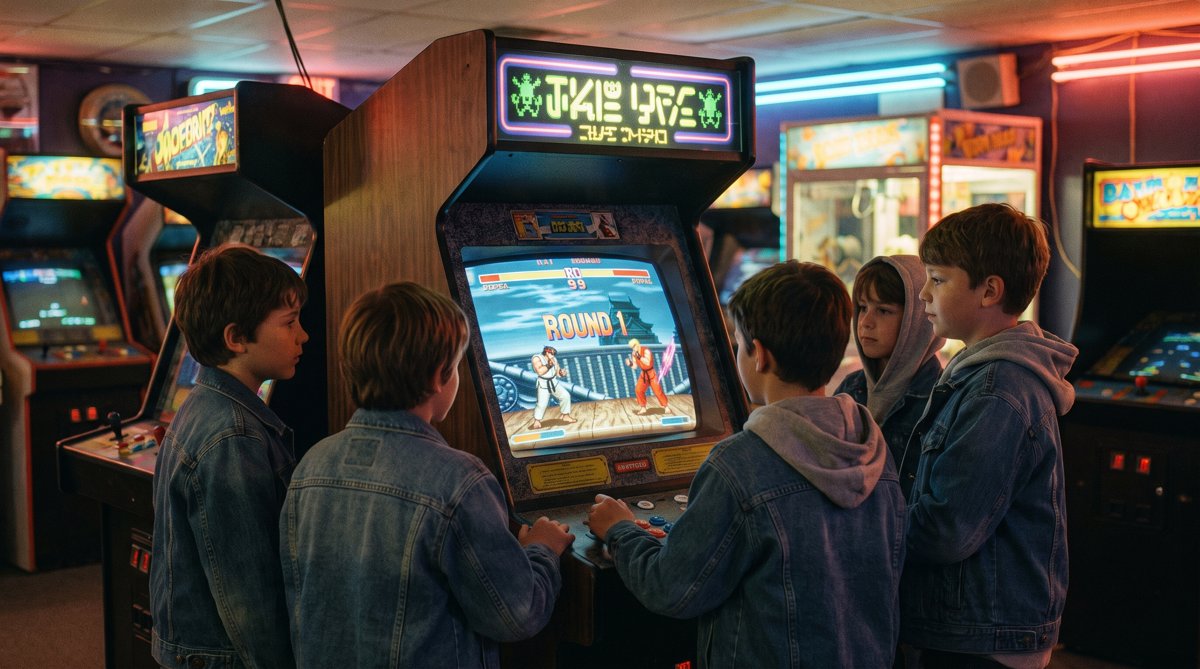 Glowing retro arcade cabinet in a dark neon arcade with players crowded around