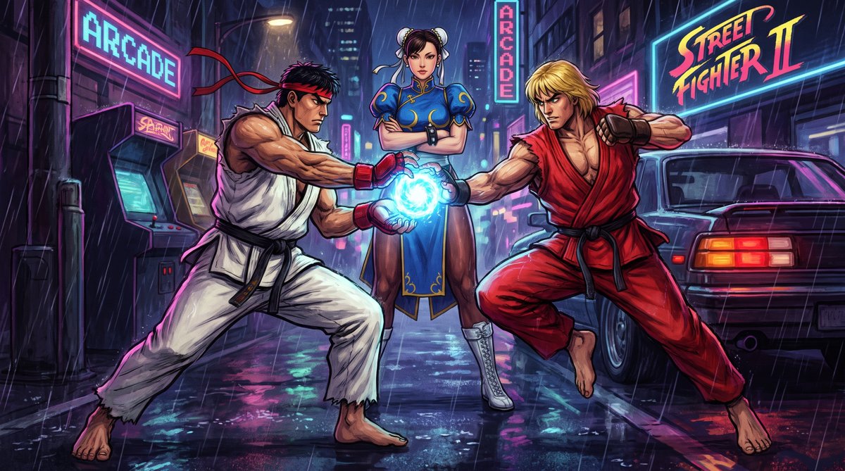 Ryu and Ken face off on a neon 1993 street as Chun-Li watches and a Hadouken glows