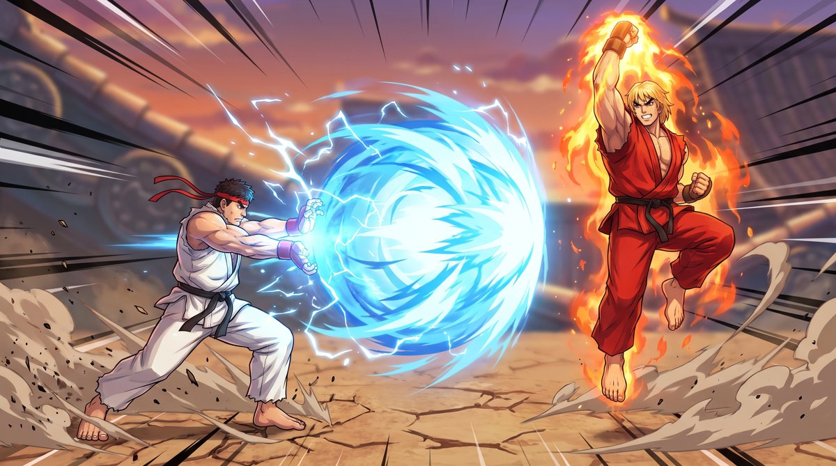 Ryu fires a blue Hadouken while Ken rises in a flaming Shoryuken uppercut